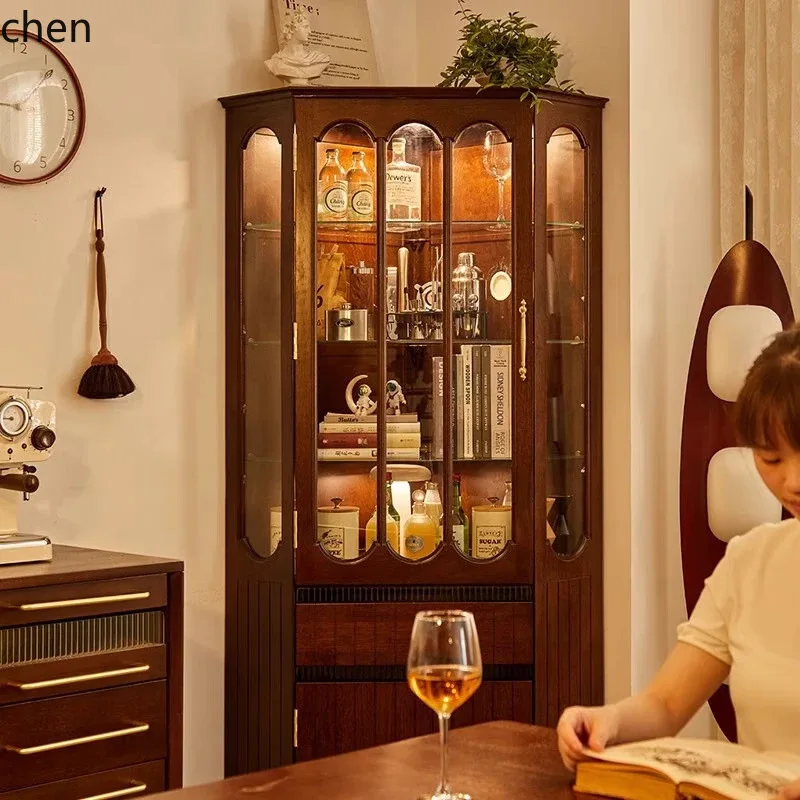 HT Vintage Style Solid Wood Corner Cabinet Living Room Corner Storage Cabinet Integrated Wall-Mounted Triangle Cabinet