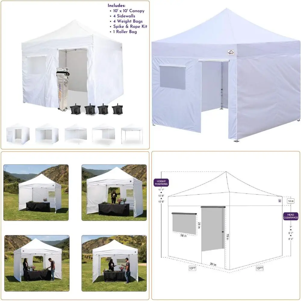 10' x 10' USA Canopy Kit: 4 Sides, Door & Window, Weight Bags, Spike, Rope, Roller Bag, White