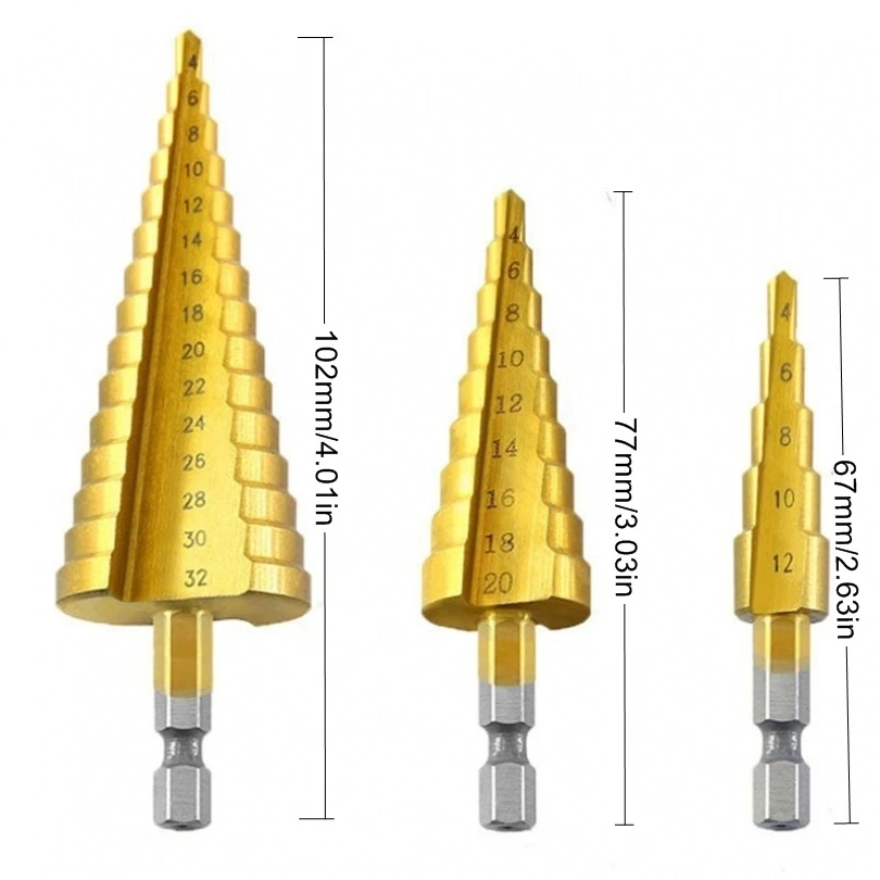 Punta da trapano a gradino HSS 3 pezzi 4-12mm 4-20mm 4-32mm scanalatura dritta utensili per la lavorazione del legno rivestiti in titanio per nucleo di taglio del foro