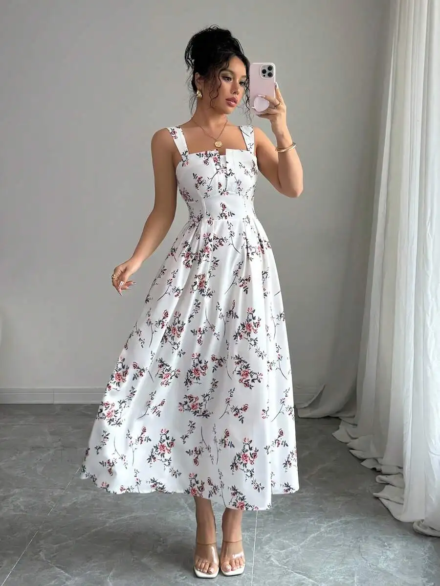 

Elegant Floral Print A-Line Midi Dress with Square Neck and Ruffle Waist for Spring Summer
