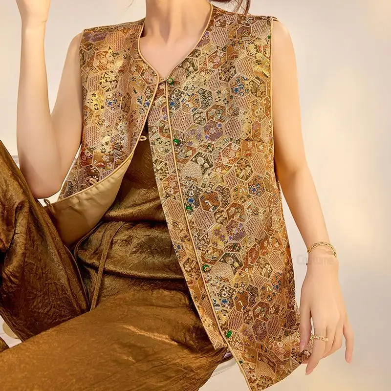 Song Brocade Jacquard Vest Women Luxury Chinese Style Top Satin Tang Clothes National Style Jacket Lady Tradition Button Outwear
