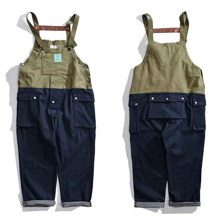 Contrast Stitch Bib Overalls Trousers Mens Safari Cargo Work Pants Functional Multiple Pockets Denim Pant Coveralls Men Jeans