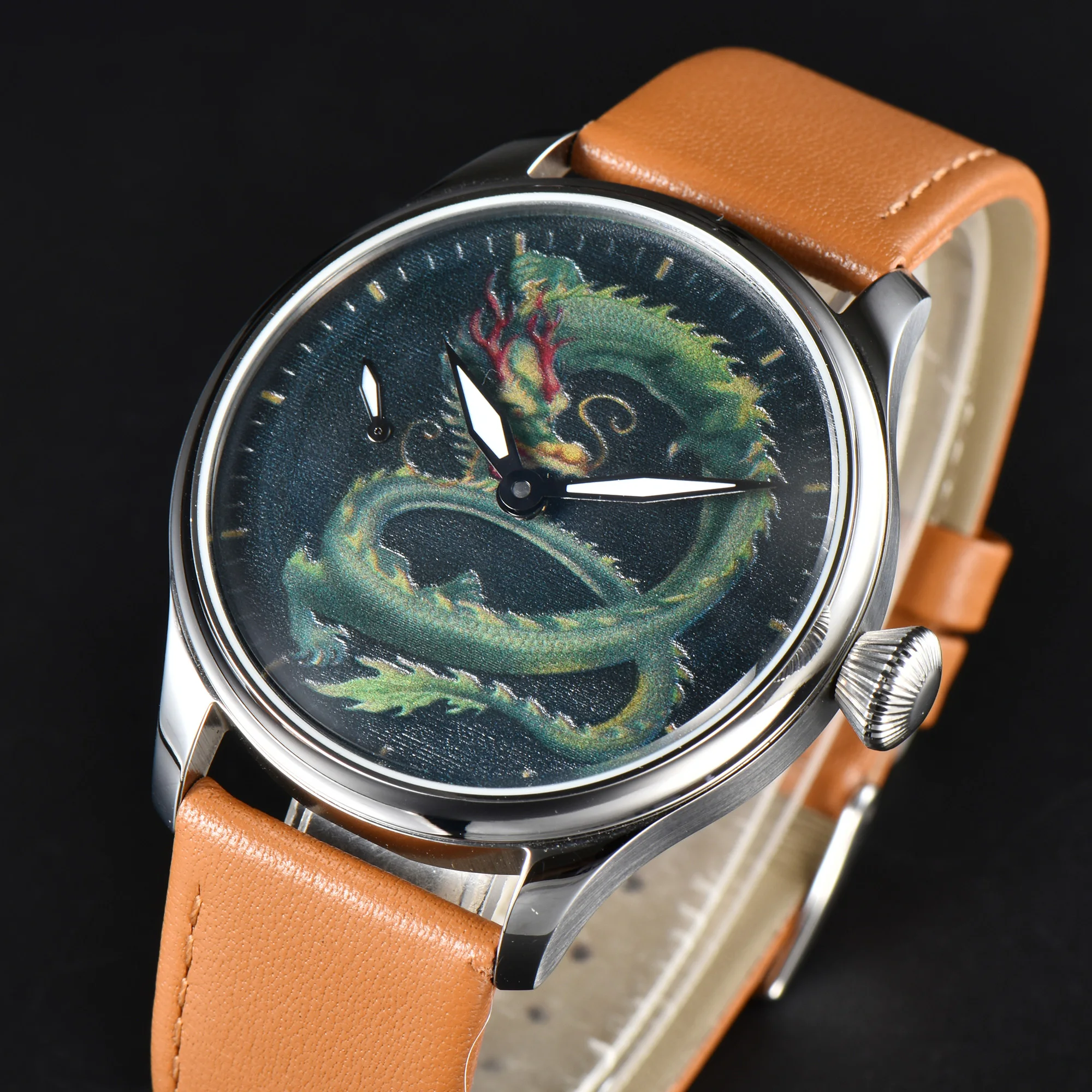 2024 New Luxury Parnis 44mm Dragon Dial Men Mechanical Hand Winding Sapphire Watches Leather Strap Hand Wind Watch For Men reloj