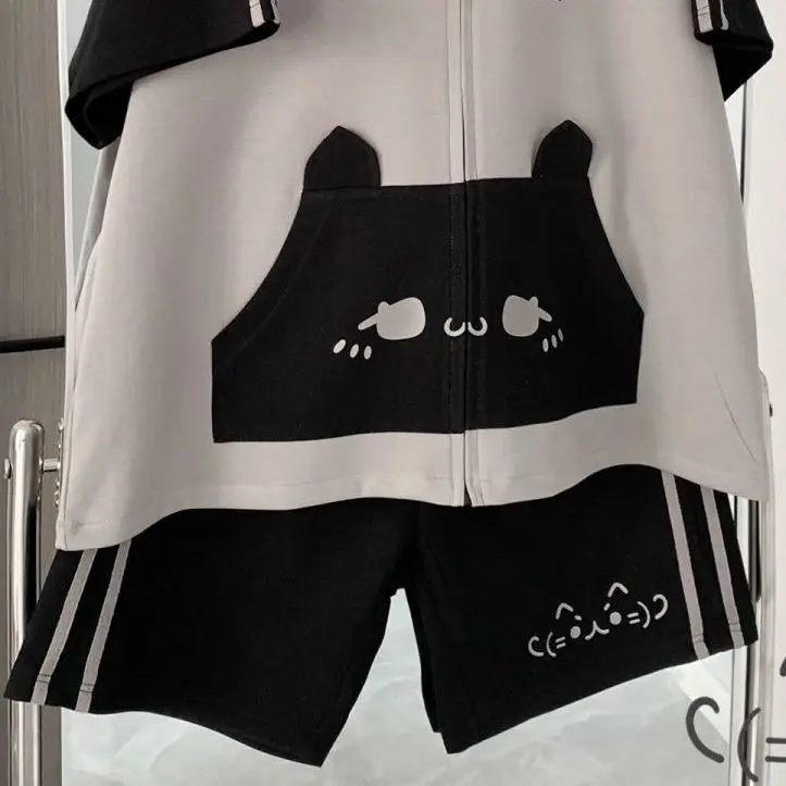 Cat Ears Japanese Cute Hoodie Anime Sports Short Sleeve Zipper Jacket Top Shorts Set 2 piece sets womens outfits y2k clothes