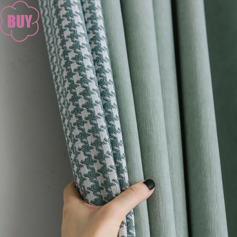 

New Luxury Green Thousand Bird Grid Cotton Linen Thickened Splicing Curtains for Living Room Bedroom French Window Customized