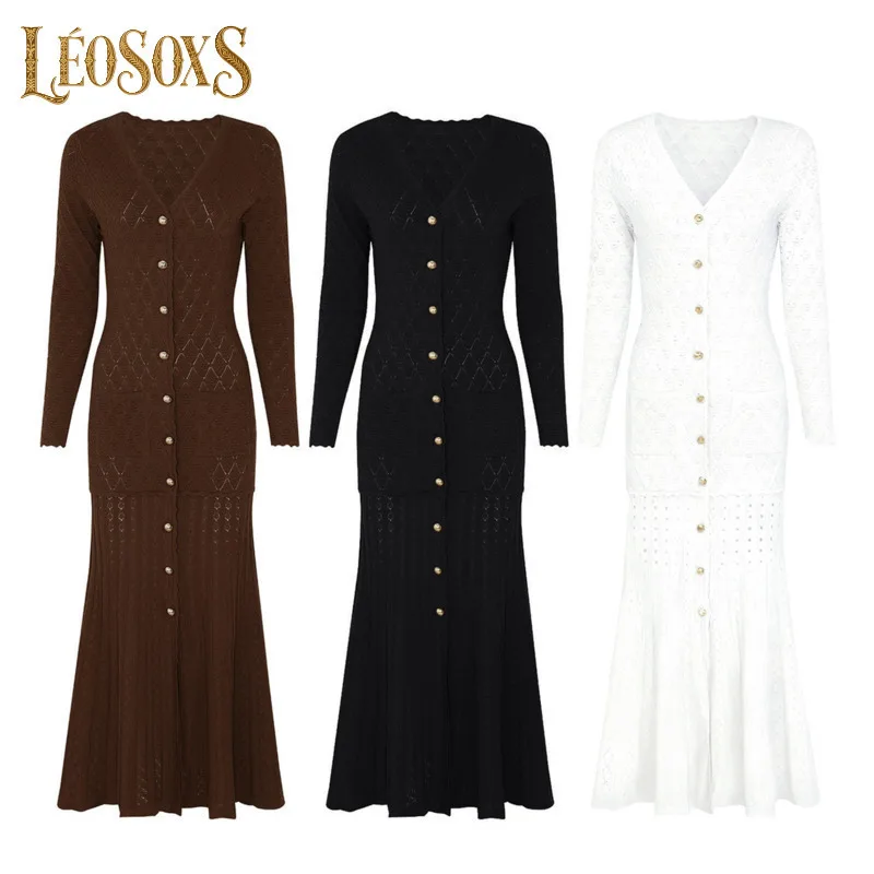 LEOSOXS Women's Button - Down Knit Long - Sleeve Dress Flared Maxi Style With Timeless Silhouette For Versatile Occasions 2025