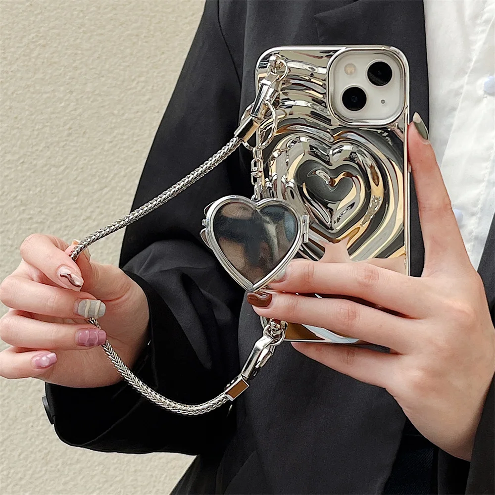 

Luxury Plated Silver Mirror Bracelet Chain Phone Case 3D Love Heart Plating Covers iPhone 14 13 12 Pro Max 11 14 Pro 3D