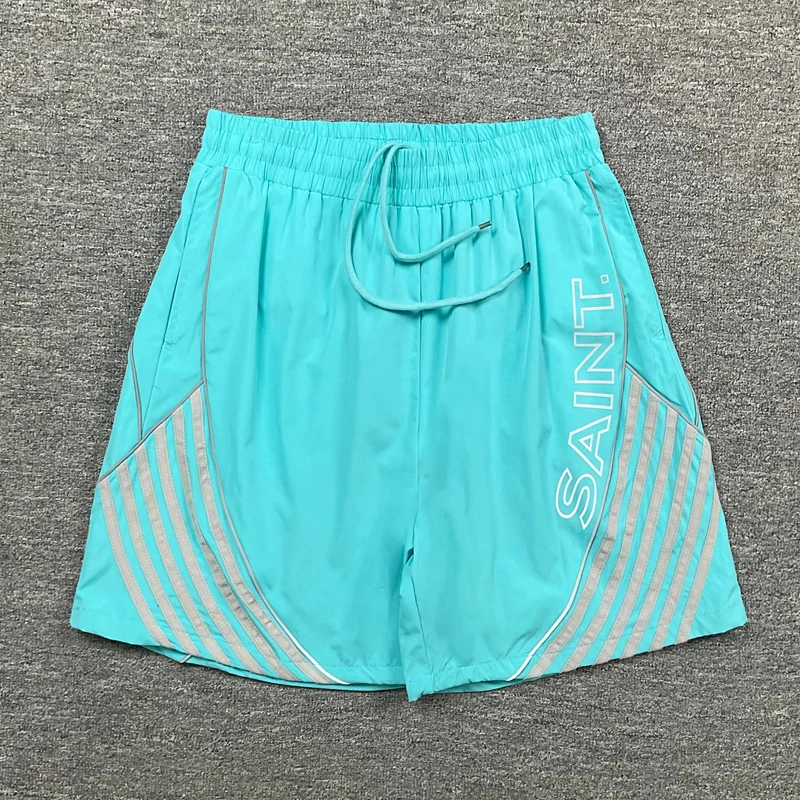 Men Reflective Stripe Sports Shorts Saint Letter Print Elastic‑Waist Casual Streetwear Quick‑dry Saint Short Pants