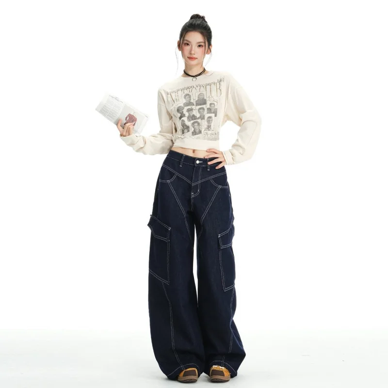 

American retro diagonal stripe design wide-leg denim work pants for women