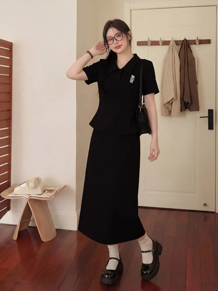 

plus Size Summer Casual Stylish Short Sleeve Shirt T-Shirt And Half Skirt Set Breathable Slimming Versatile Women's Fashion