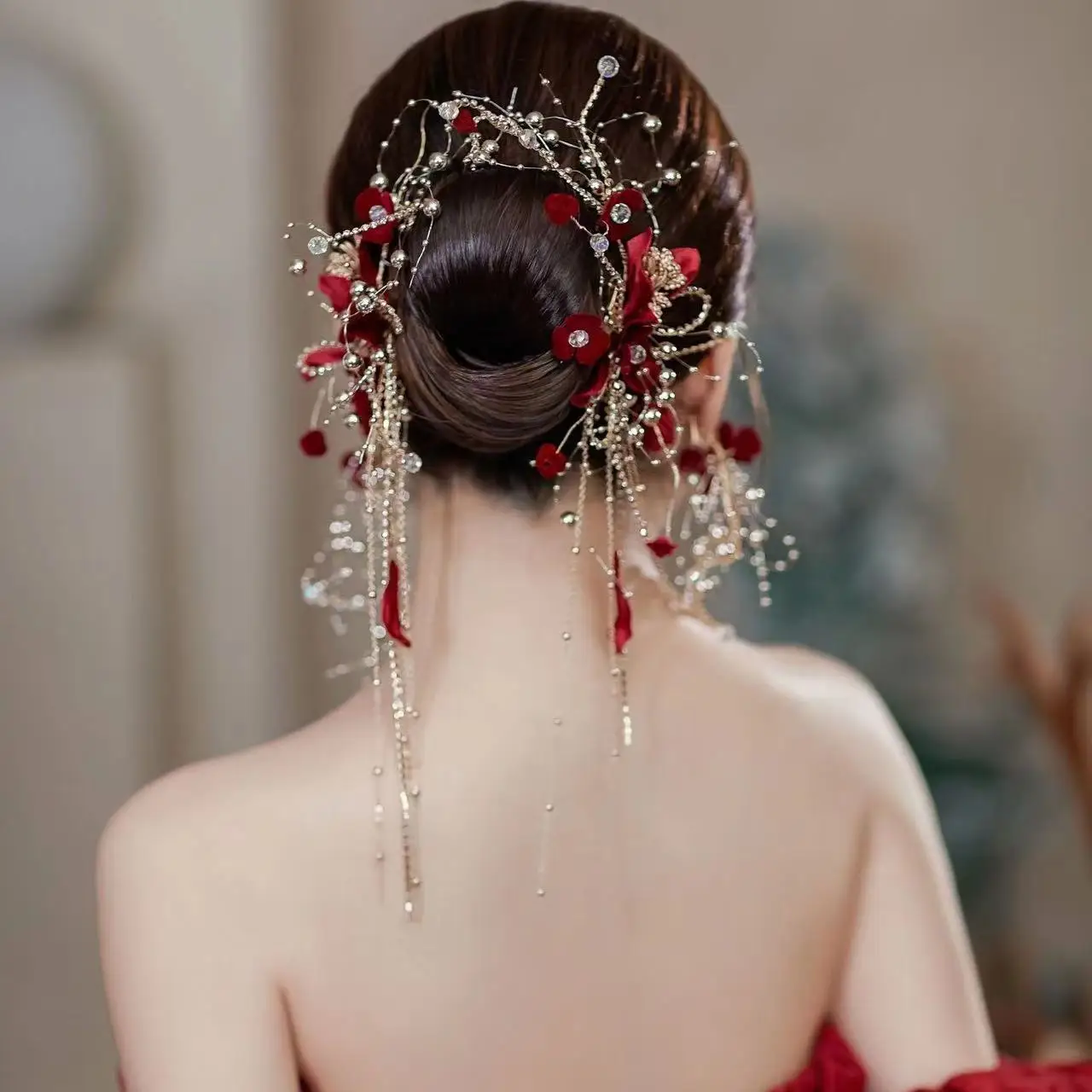 Tocado de novia con flecos de cristal rojo, accesorios para el cabello con clip, vestido de novia para personas mayores, accesorios para el cabello, nuevo