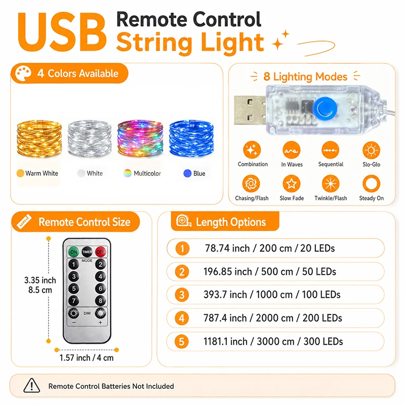 Remote Control Fairy String Lights 2M20LED-30M300LED Warm White Blue Colorful 8 Flash Modes for Home Bedroom Holiday Decor Set