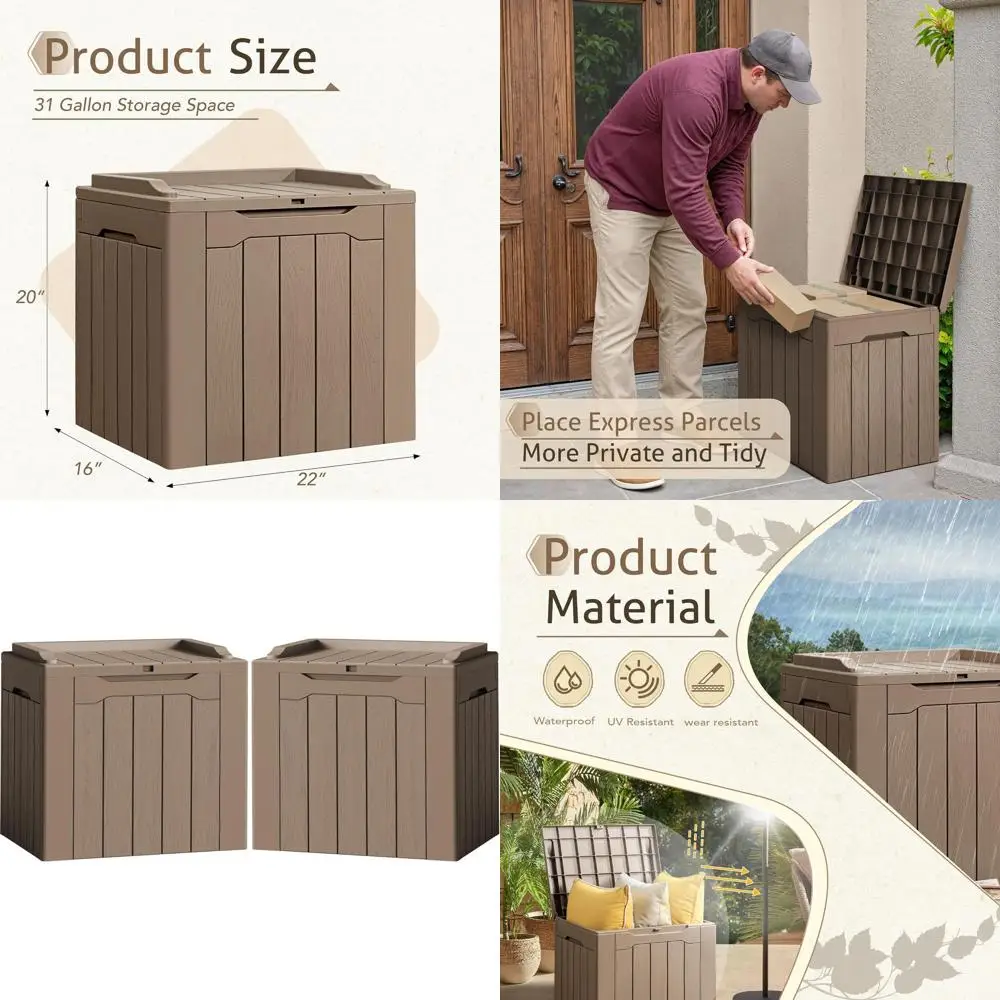 

Ящик для хранения из полимерной смолы, 31 галлон, всепогодный, для использования в помещении/на улице (светло-коричневый)
