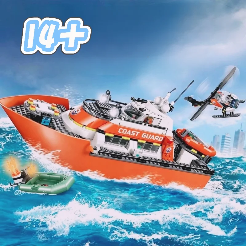 

City Series Building Blocks 60504 Coast Guard Rescue Boat & Helicopter Big Ship DIY Model Sets Creative Toys Assembling Gifts