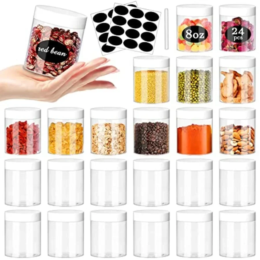 

Slime making and kitchen storage: clear plastic jars, 8oz, 24pcs, stackable, refillable, white lids, travel-friendly