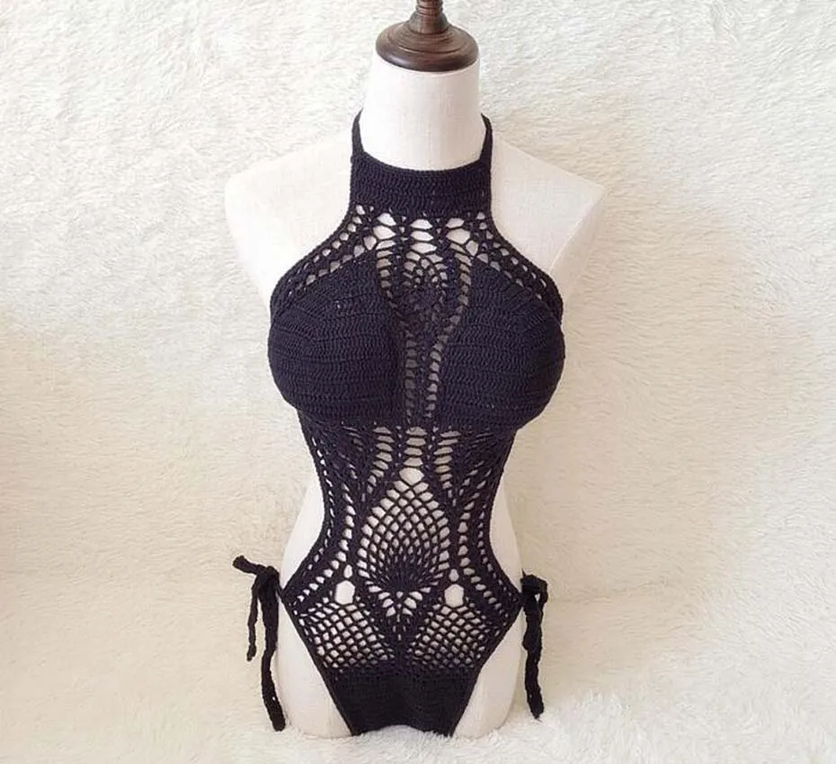 Women's One Piece Swimsuit Handmade Cotton Knitted Ladies Bodysuit Swimwear Summer New Sexy Halter Bathing Suit Beachwear Bikini