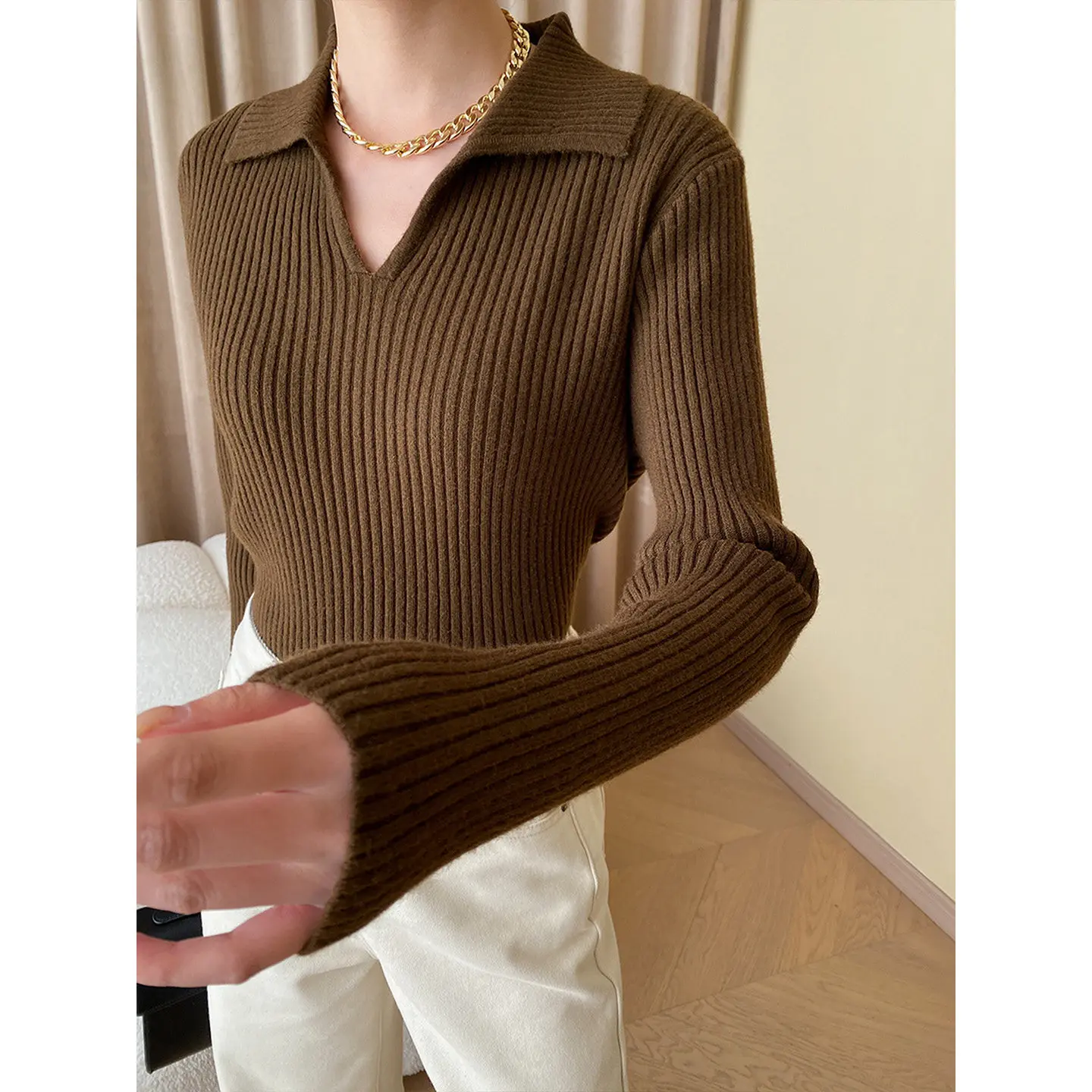 100% pure cashmere exquisite bottoming shirt women's French POLO neck threaded sweater