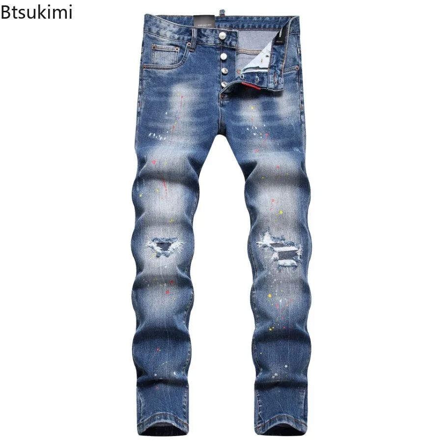 2024 New Men Jeans Stretch Slim Pockets Straight Leg Denim Pants Trend Versatile Casual Trousers Daily Streetwear Men's Clothing