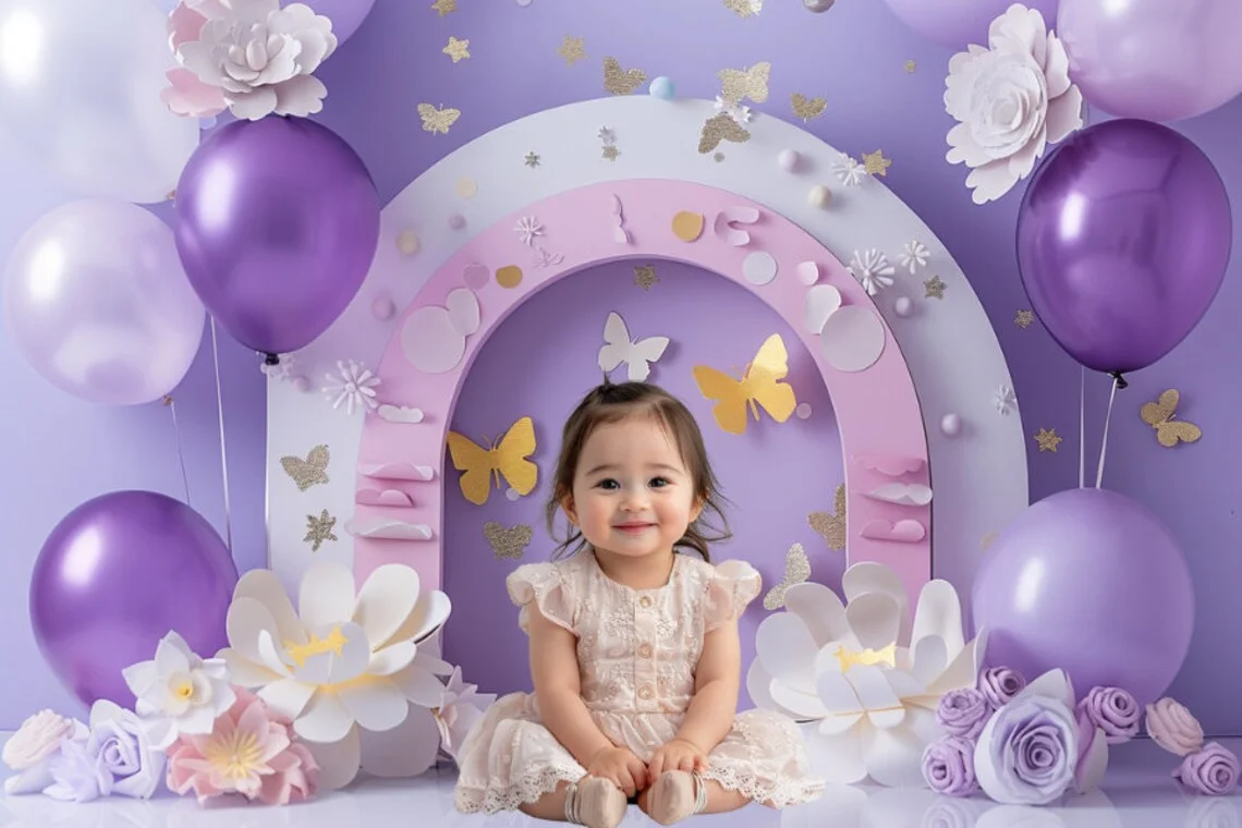 Photography Background Purple Balloons Butterfly Wonderland Girl Birthday Party Cake Smash Decor Photo Backdrop Studio