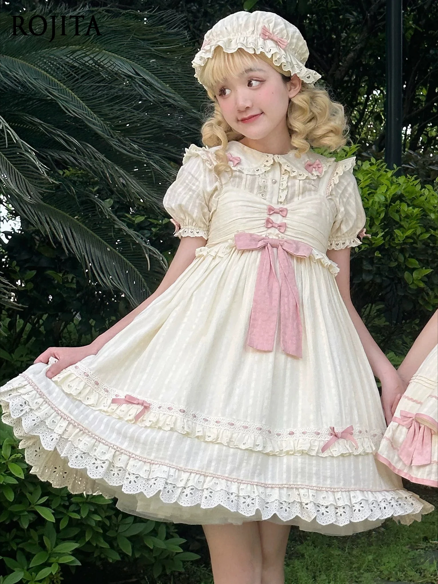 Damen Sweet Lolita JSK Kleid Ärmelloses Trägerkleid mit Schleifen Sweetheart Doll Feeling Lolita Farbiges Baumwoll-Spitzen JSK