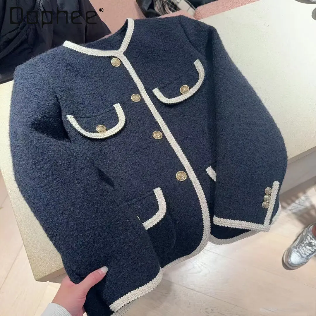 

Heavy Weave Wool Tweed Mid-Length Color-Block Coat Spring French Style Elegant Socialite Round Neck Single-Breasted Tweed Coat