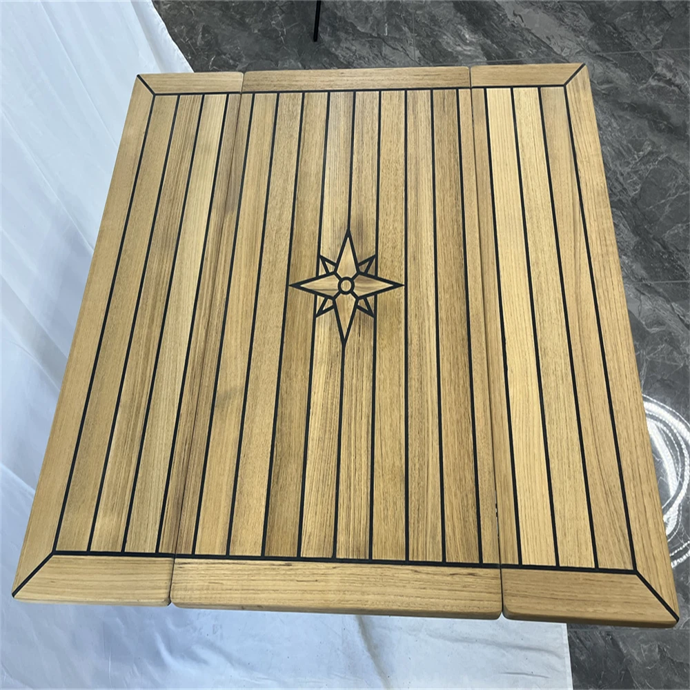 Folding Wings Teak Table Top 450/900x800mm,17.7/35.4x31.5 Inch Rectangular Star Inlay Marine Yacht RV TW4580 DS