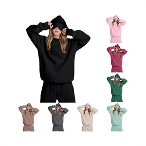 

Women Solid Hooded Pullover Top Fleece Lined Casual Long Sleeve Autumn Winter Cozy Layering For Home Office Gift For Her