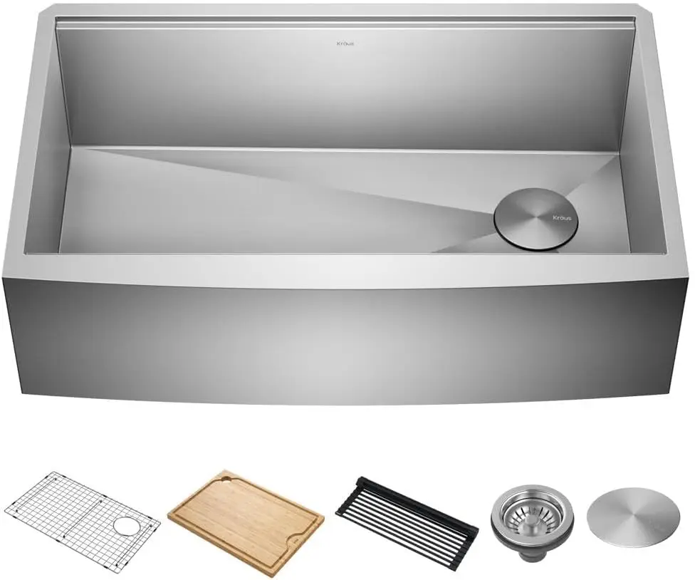 Kore Workstation Stainless Steel Kitchen Sink, Farmhouse Plano Avental, Tigela Única, Integrado Ledge, 16 Gauge, 33"