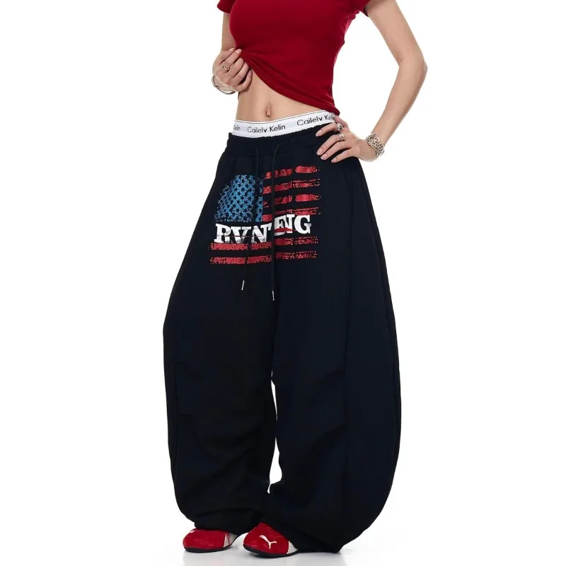 New 2025 Winter Women's Retro Oversized Black Baggy Pants HipHop Drawstring Waist Graphic Print Wide-Leg Trousers Women