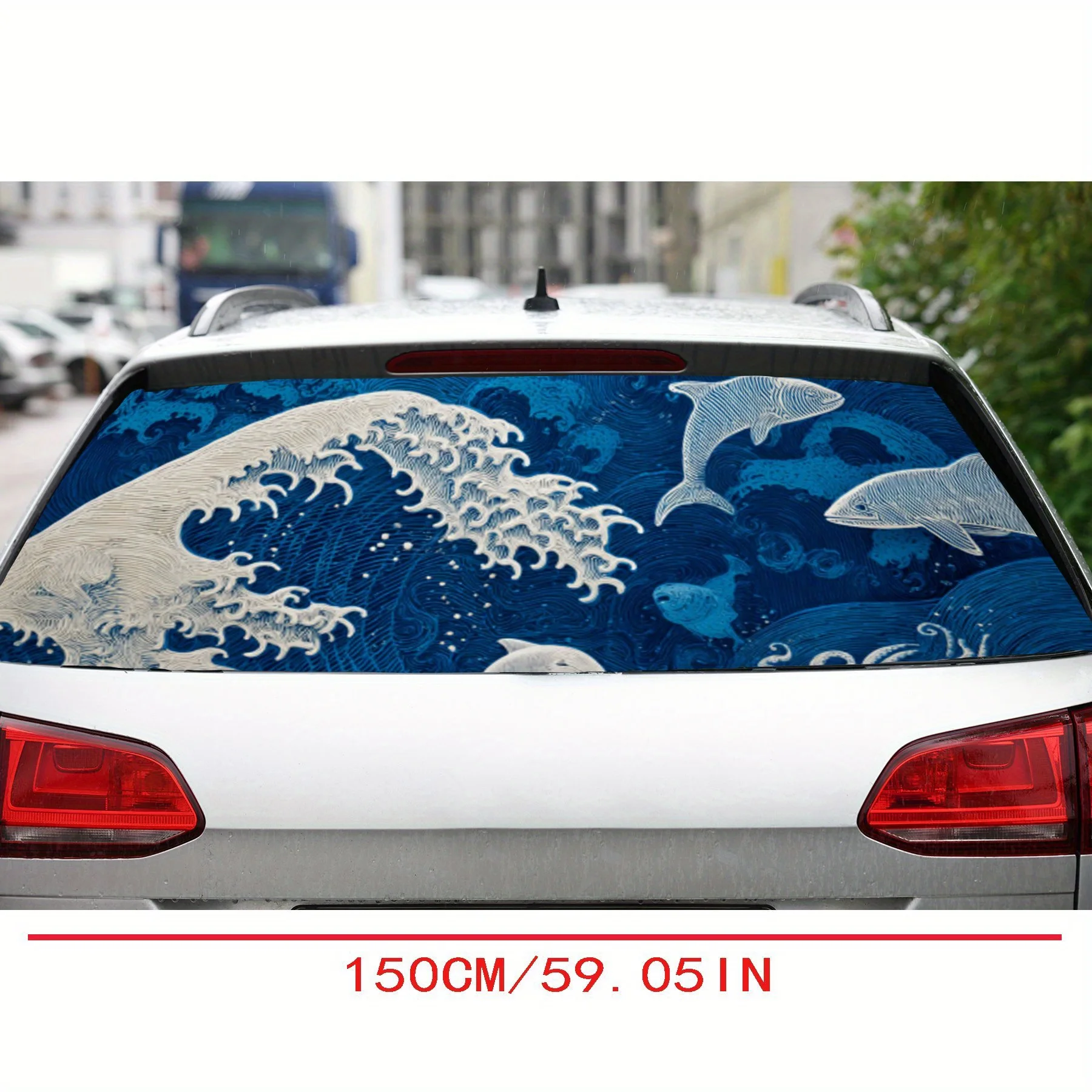 Blue giant waves and active dolphins car rear window vinyl wraps sticker,auto art sticker,self-adhesive waterproof rear window d
