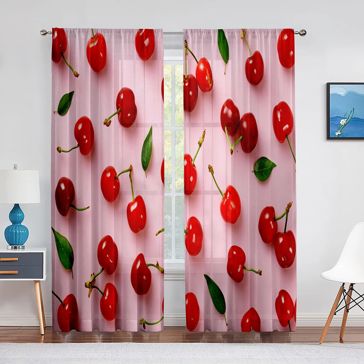 Fruit Cherry Pattern Design Pink Sheer Curtain for Living Room Home Kitchen Bedroom Window Decor Chiffon Tulle Voile Curtains