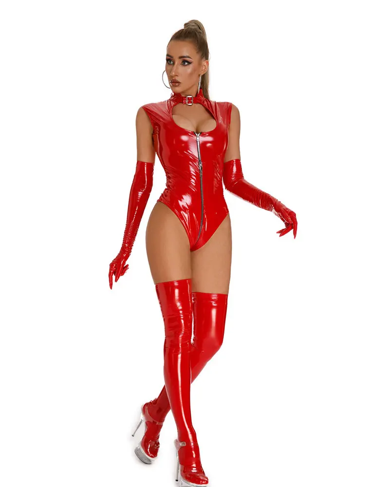 

Sexy Elastic PVC Latex HIgh Cut Bodysuit Hollow Out Open Bust Crotch Sexy Tights Oil Shiny Leotard Sleeveless Cosplay Dance Wear