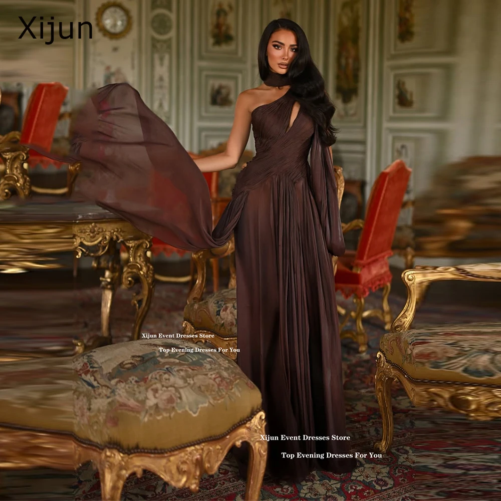 

Xijun Brown Chiffon Long Evening Dresses One Shoulder Pleated Formal Prom Dresses Saudi Arabia Sleeveless Prom Gowns Customized