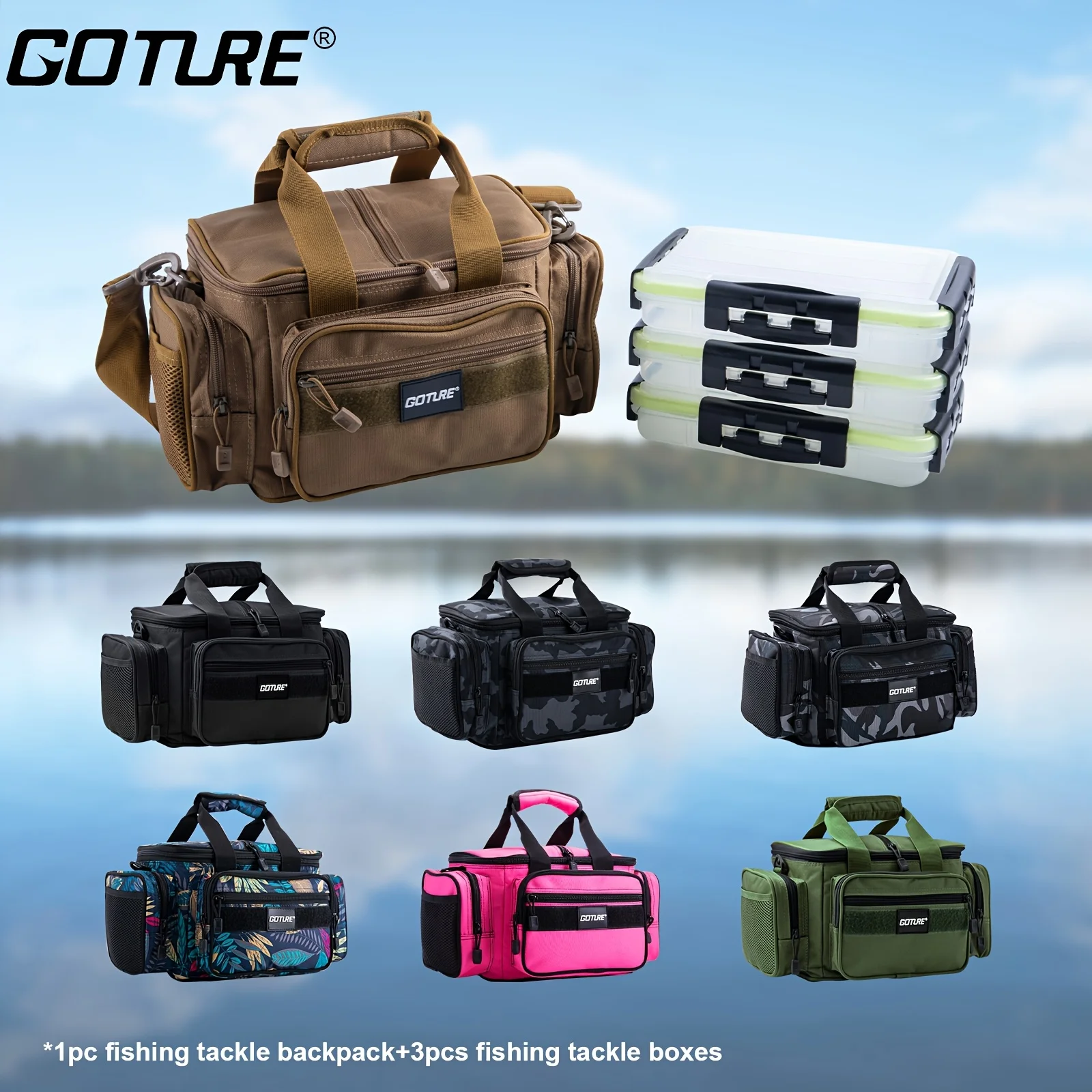 

Goture 600D Oxford Fishing Shoulder Bag 7 Color Waterproof Gear Bag with 3 Tackle Boxes High Capacity Storage for Lures/Tools