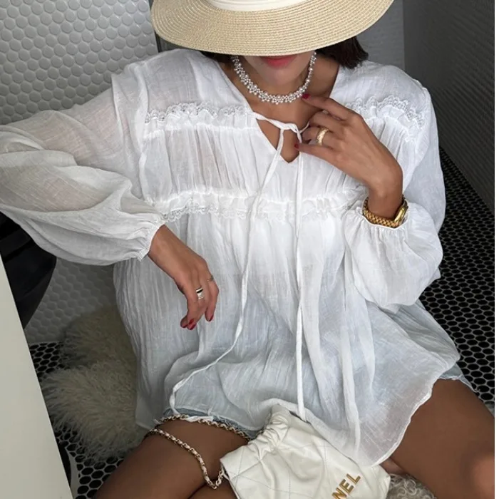 

Korean Sle Women's irt Chic Design Sensation Small ence Versatile Lazy Micro Transparent Lace Trimmed Top