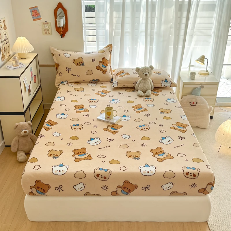 

Cartoon Bear Milk Velvet Fitted Sheet Set, Khaki Autumn Warm Thick Winter Bedding, 1 Skin-friendly Bedspread with 2 Pillowcases