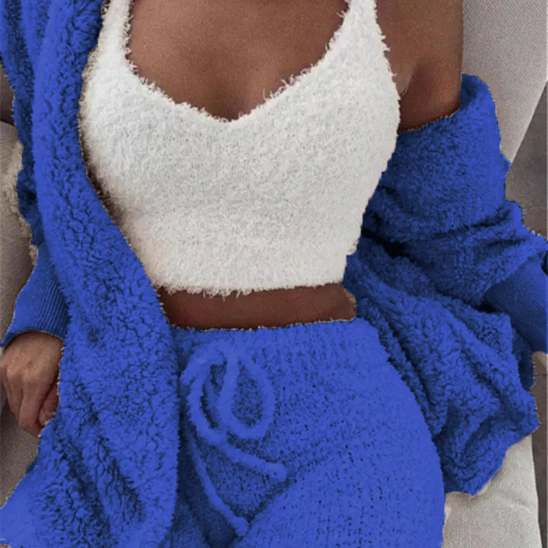 Plush Home Three-piece Pajamas Women Casual Pajamas Vest Shorts Plus Size Hoodie Casual Jumpsuit Winter Fluffy Pajamas Suit