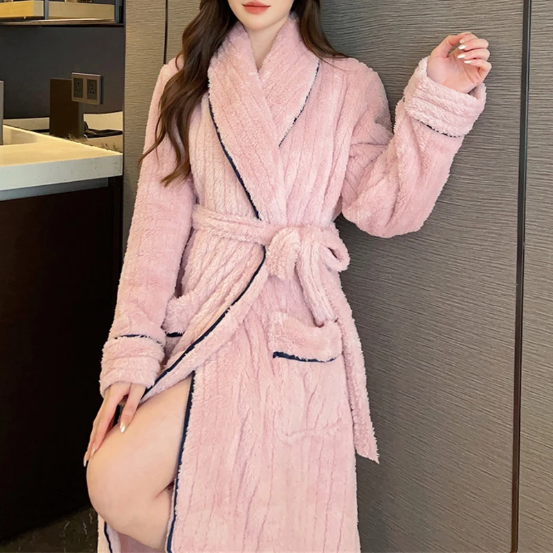 Autumn Winter Flannel Nightgown Women's Korean Fashion French Warm Thick Fitting Long Sleeved Robe Women's Home Clothes Bathrobe