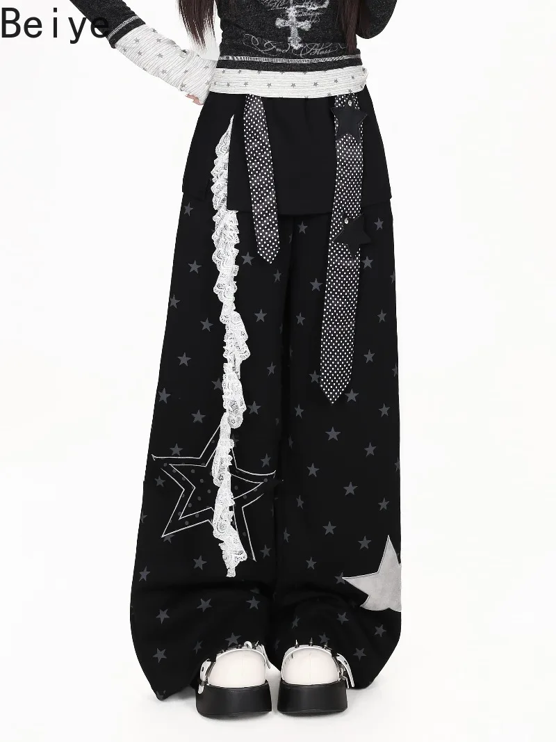 Women Y2K Star Print Wide Leg Pants Layered Overlay Lace Ribbon Decor Pants Female Autumn Harajuku Jirai Kei Gothic Trousers