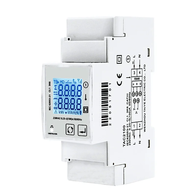 

LCD TAC2100 Din Rail Single Phase Energy Meter Multi Function Watt Hour Meter V a HZ Modbus 100A 230V