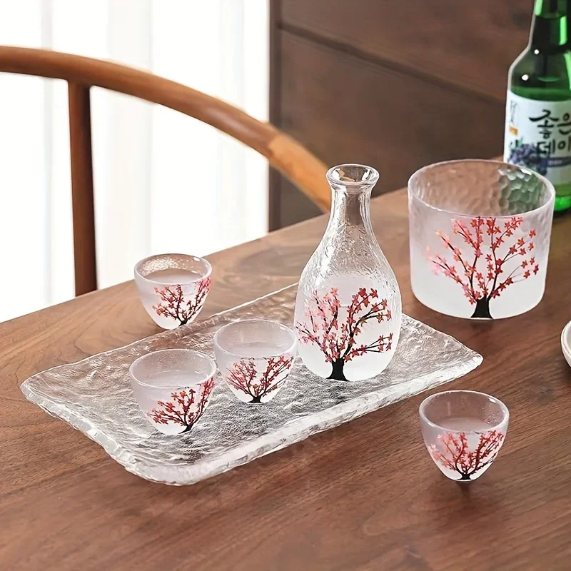 1set-6pcs Japanese Sake Glass Set Hand Painted Cherry Blossom Glass Wine Glass Vintage Sake Pot Tea Cup Set Household Items