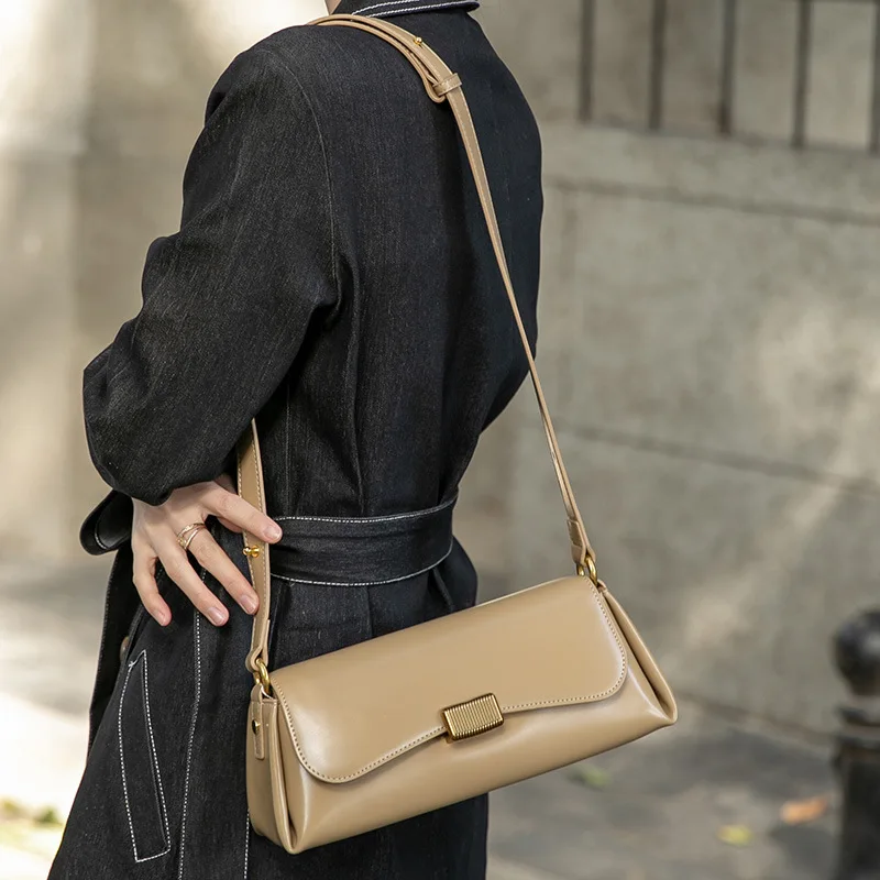 Office Lady Elegant Single Shoulder Underarm Bags Women Fashion Metal Buckle Crossbody Bags Luxury Genuine Leather Retro Bolsa