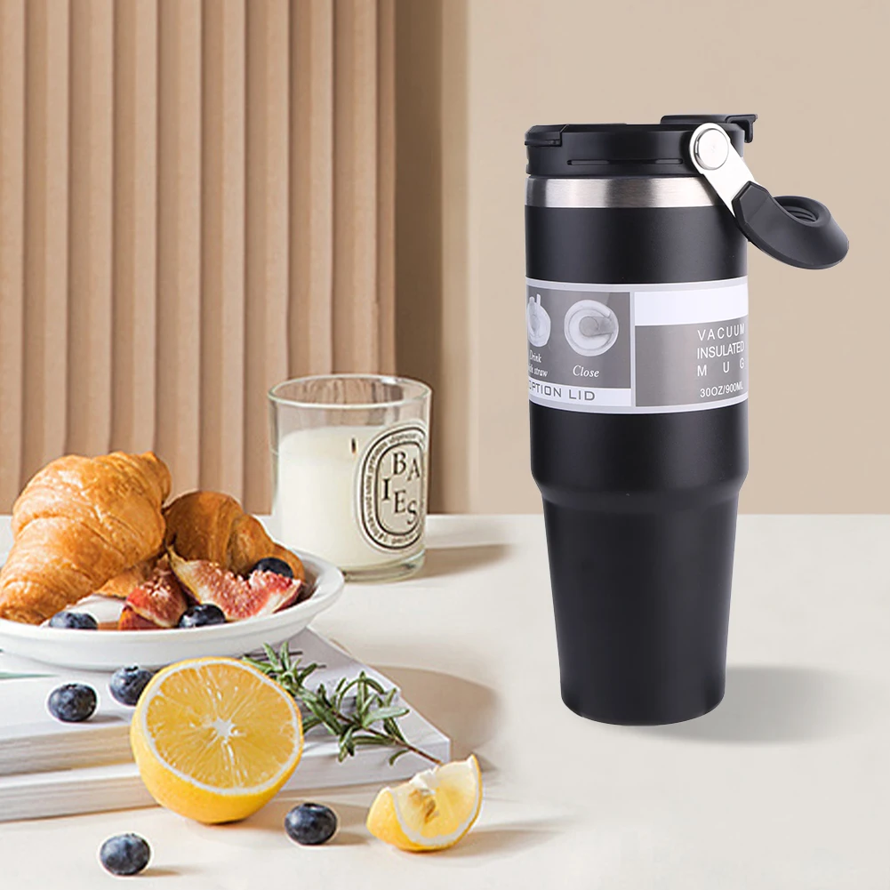 30oz Portable Water Cup with Handle Travel Vacuum Flask Stainless Steel Vacuum Thermal Insulated Mug for Cold Hot Beverages
