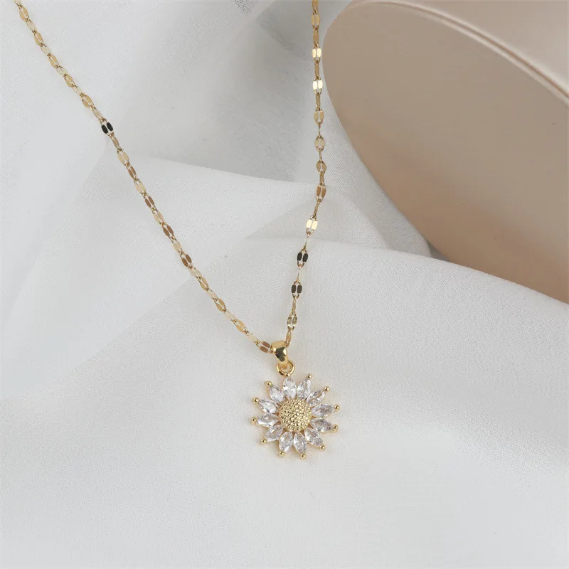 1PCS Gold-color Necklace Ladies Light Luxury Style Flower Pendant Inlaid Zirconia Titanium Steel Chain Holiday Jewelry image 6