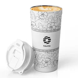 Fjbottle 500ml Flower Coffee Mug Stainless Steel Vacuum Flask Straw and Direct Drinking Insulated Tumbler Coffee Cup