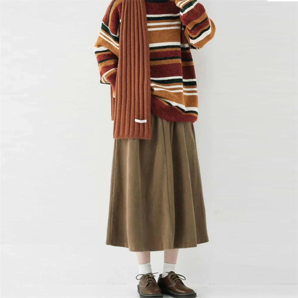 Vintage Cord-Midirock für Damen, mit elastischem Bund, A-Linie, brauner Rock mit Taschen, Herbst/Winter, lässiger Vintage-Langrock für Frauen – Detail 8