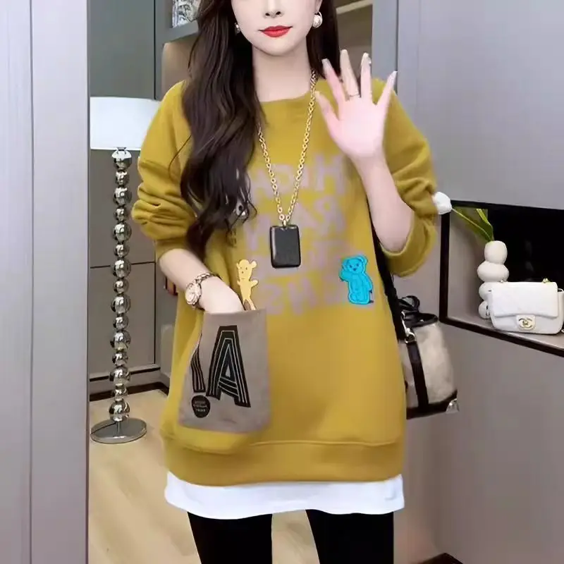 

Fashion Printed Letter Pockets Fake Two Pieces Tee Shirt Women's Clothing Spring New Loose All-match Tops Casual T-Shirts