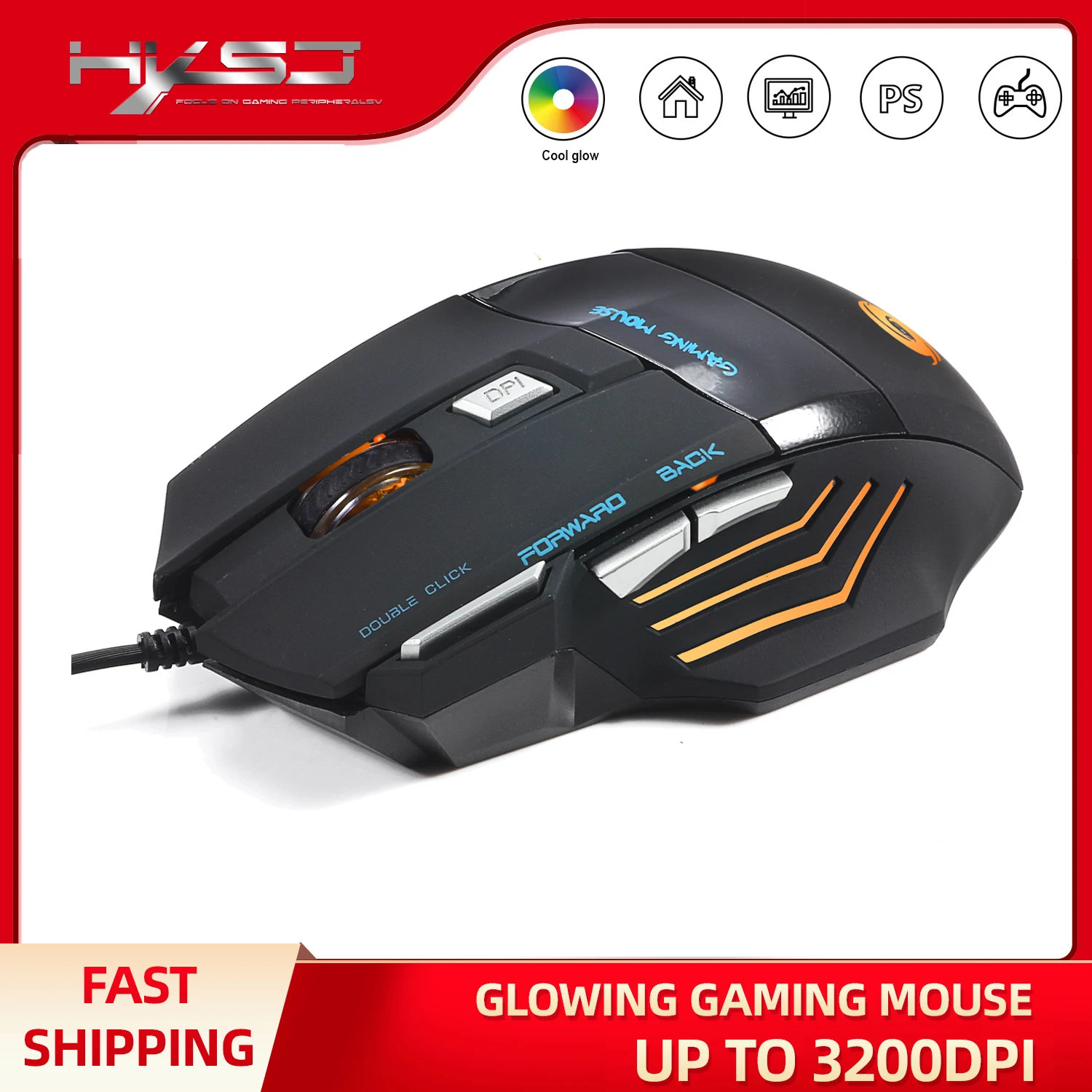 HXSJ A868 125Hz 7-Keys Professional Ergonomic USB Wired Optical Gaming Mouse Right-handed Laptop Users Hot Sale Backlit Style