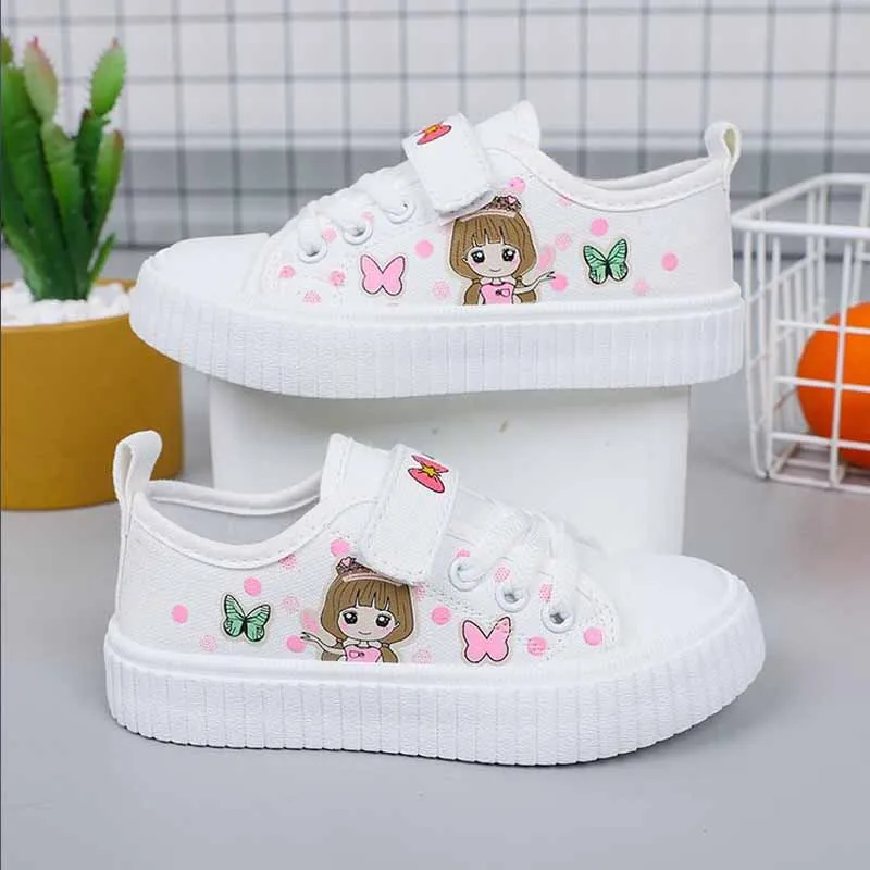 Children\'s Cute Cartoon Canvas Shoes Girls\' Flat Bottomed Casual Sports Shoes Students Lightweight Running Board Shoes Sneakers