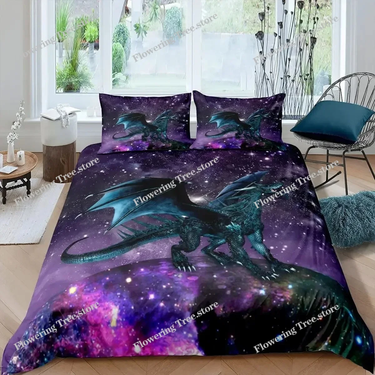 Boys Dragon Comforter Cover Queen Queen Full Size Colorful Dragon With Wing Bedding Set Trippy Magical Animal Duvet Cover Set